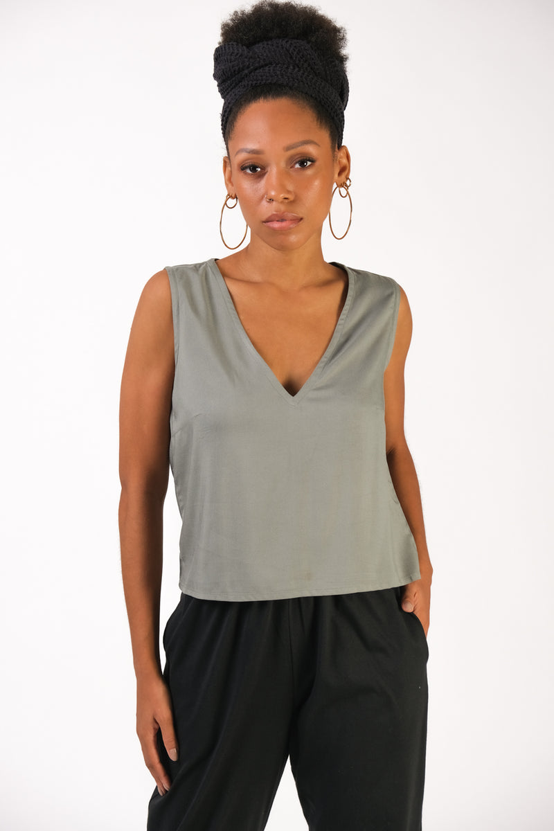 tonlé's ethical fashion Nuon top in moss rayon, a sleeveless shell top with v-neck