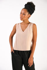 front view of the v-neck nuon top made using sustainably sourced rayon, natural dyed in palm